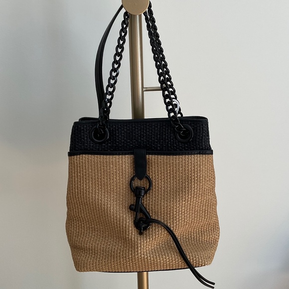 Rebecca Minkoff Handbags - Rebecca Minkoff Edie Large Bucket Bag NWT Natural Woven Straw with Black Trim